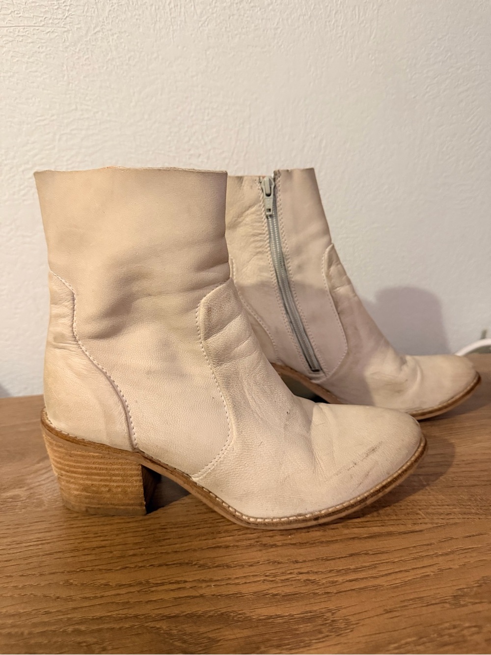 Cream Leather Ankle Booties with Side Zip and Stacked Heel